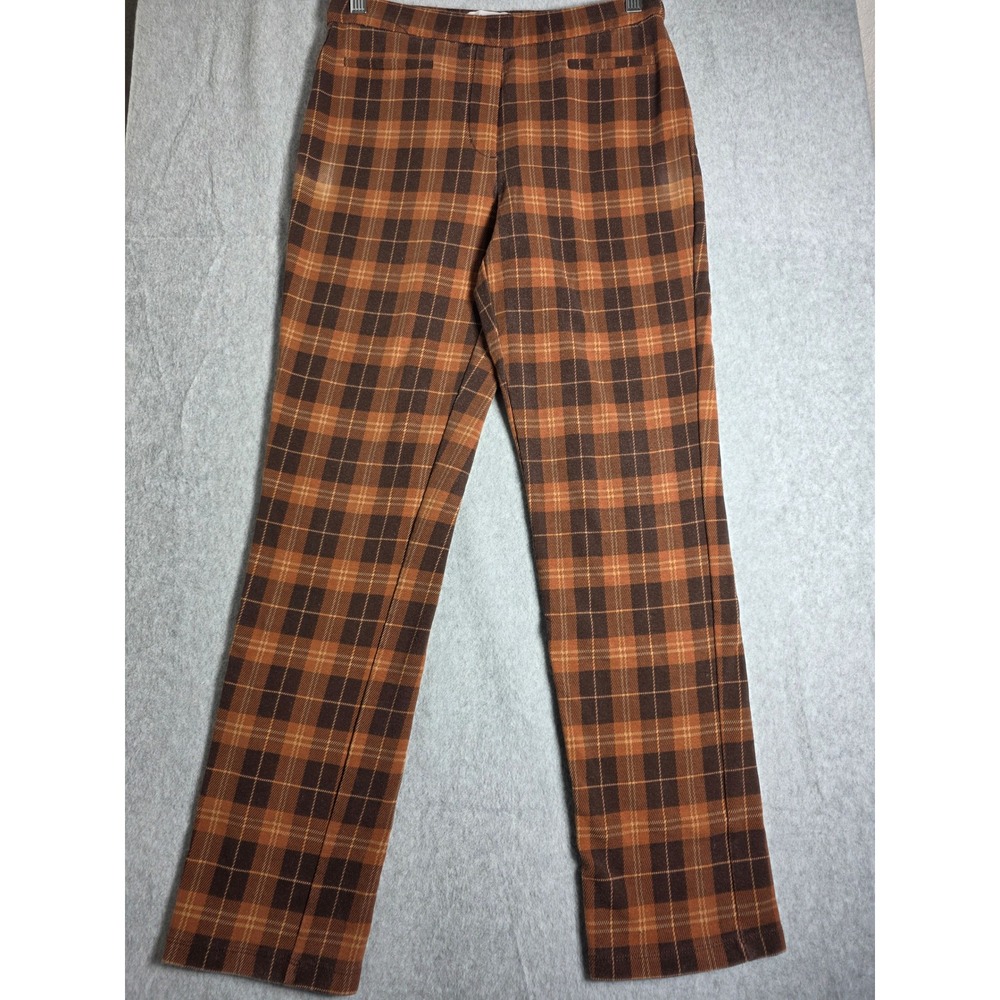 Susan Graver Plaid Pull On Pants Womens XS Brown Orange Knit Straight Leg